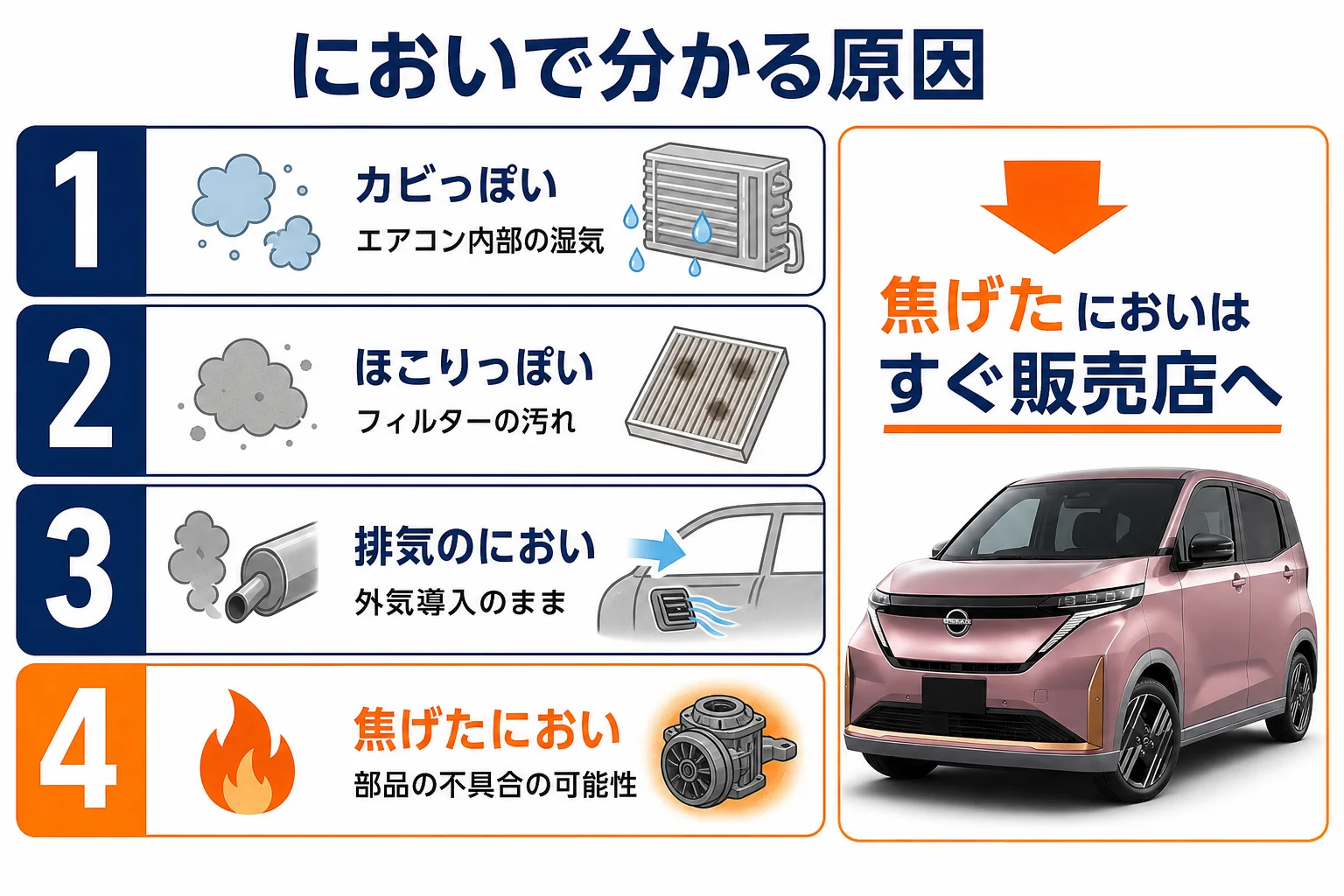エアコンのにおいの種類と原因を示した図解