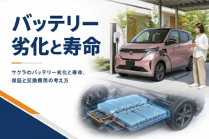 自宅で充電中の軽EVとバッテリーのイメージ