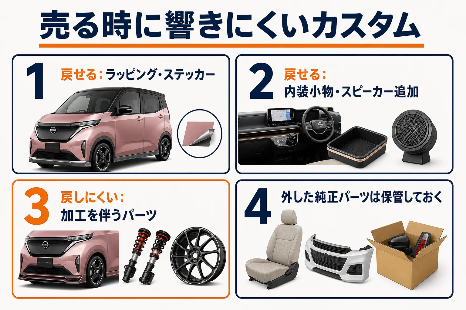 純正に戻せるカスタムと戻せないカスタムを比べた図解