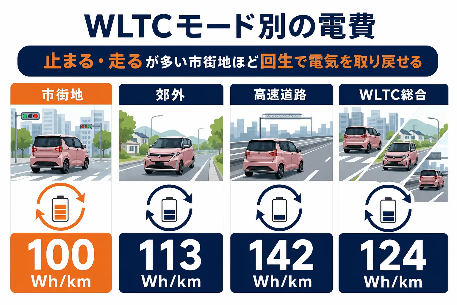 WLTCモード別のサクラの電費と回生ブレーキの関係を示した図解