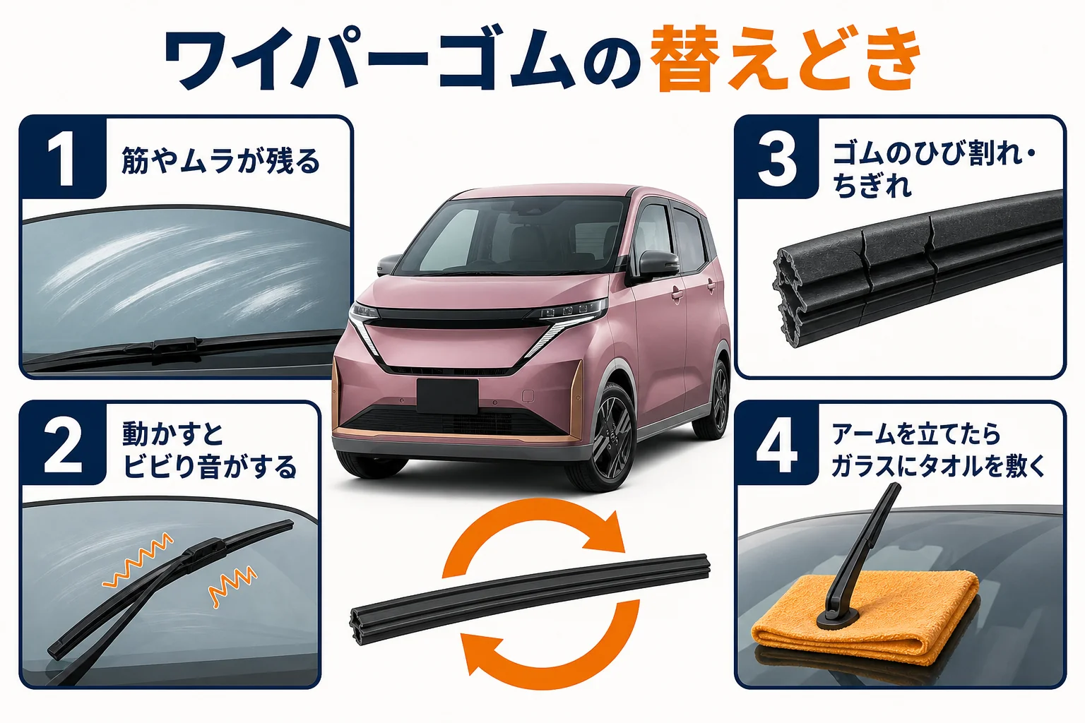 ワイパーゴムの交換手順と交換サインを示した図解