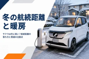 冬の駐車場で充電中の軽EVのイメージ