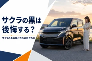 夕方の光が映り込む黒い軽EVのボディ