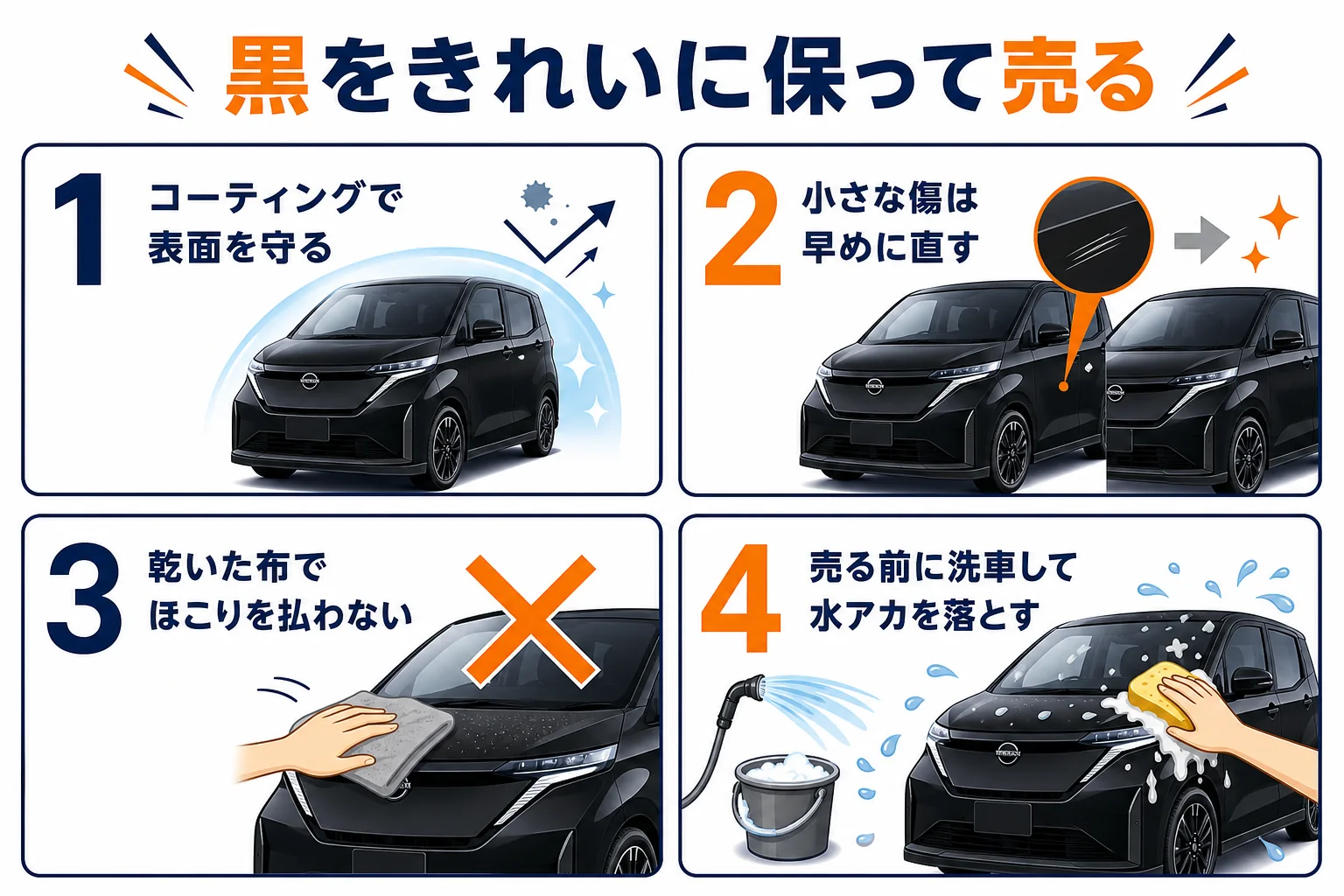 黒をきれいに保ったまま売るためのポイントを示した図解