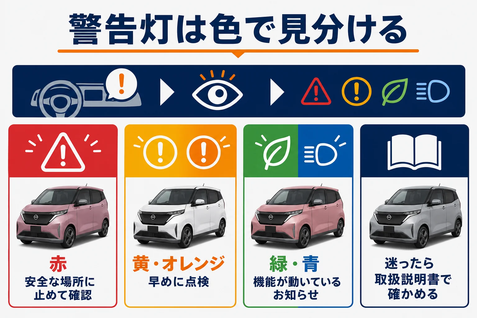 警告灯の色ごとの急ぎ具合を示した図解