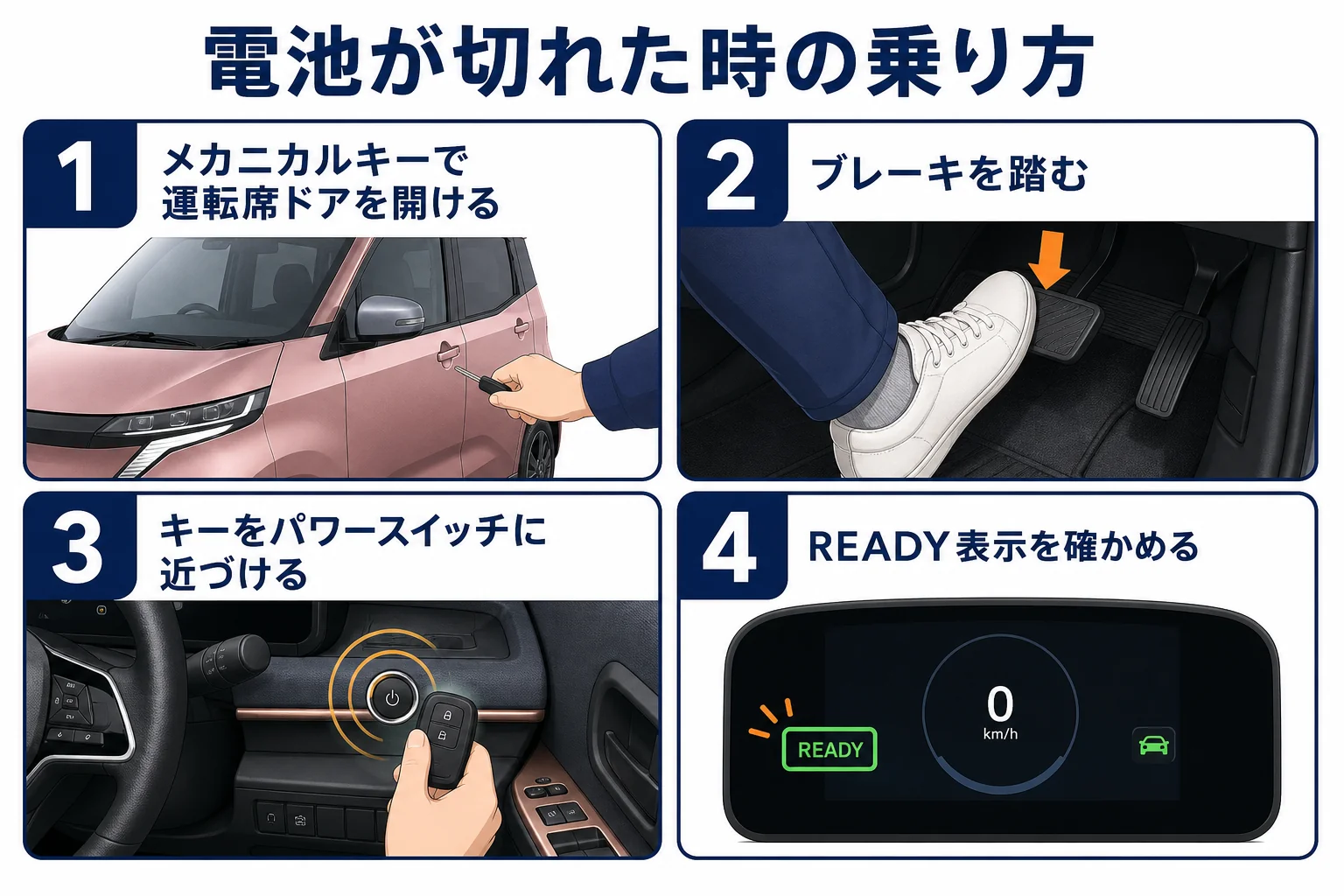 キーの電池が切れた時にサクラのドアを開けて電源を入れる流れの図解