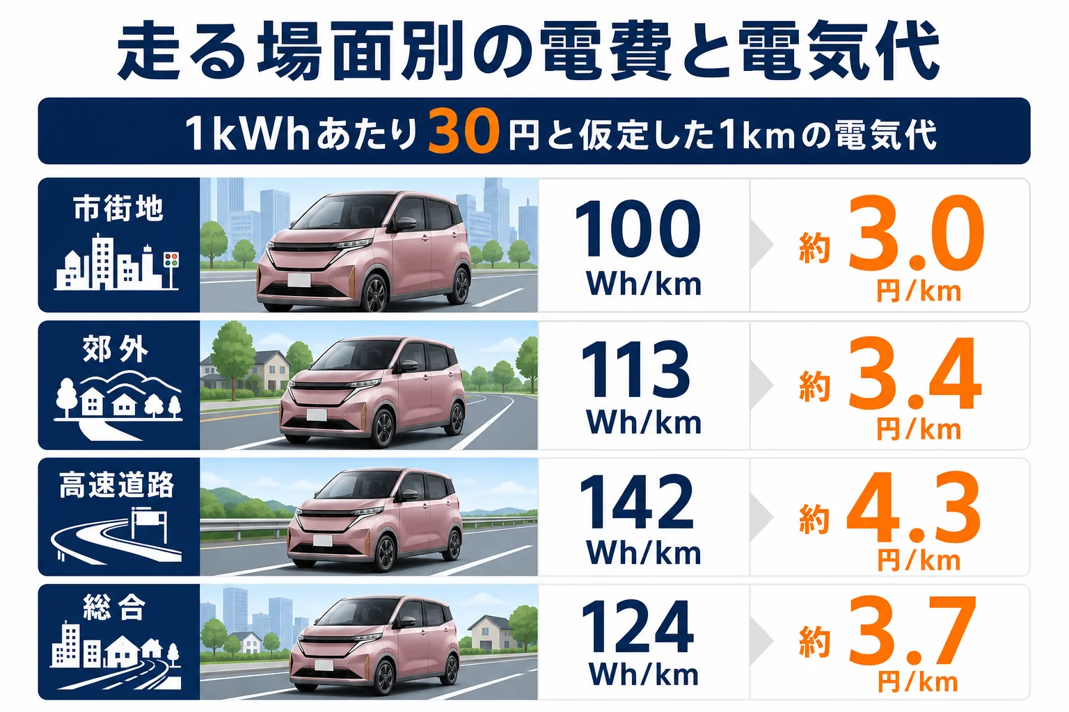 サクラの走る場面別の電費と1kmあたりの電気代を比べた図解