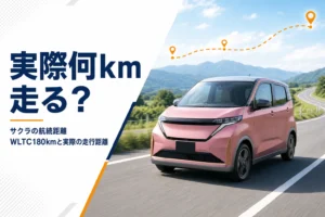 郊外の道を走るサクラと航続距離のイメージ