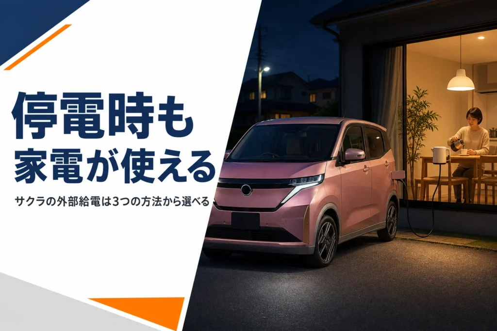 停電した家の前でサクラから家電に給電しているイメージ