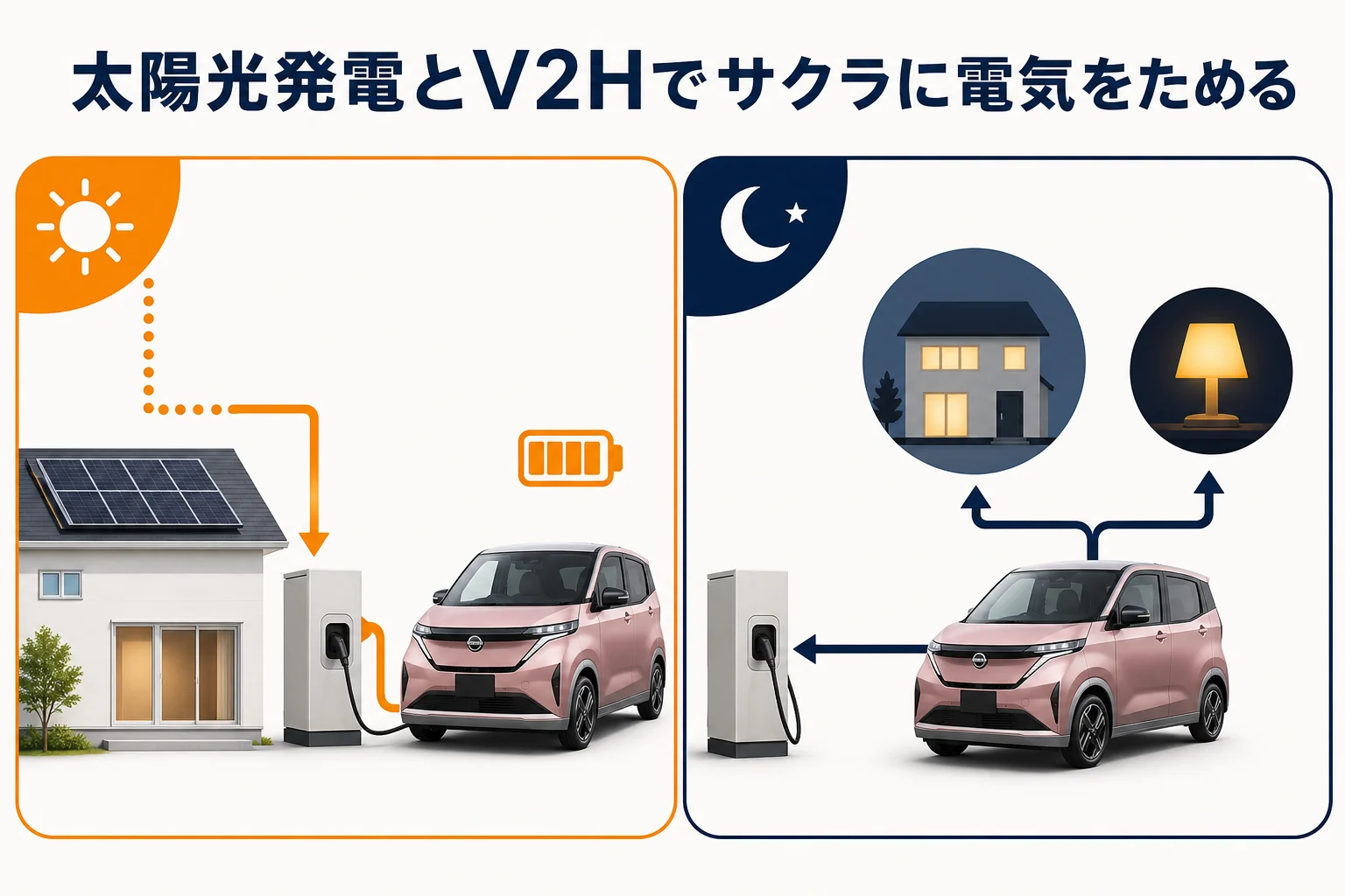 家の太陽光発電とV2Hでサクラに電気をためる流れの図解