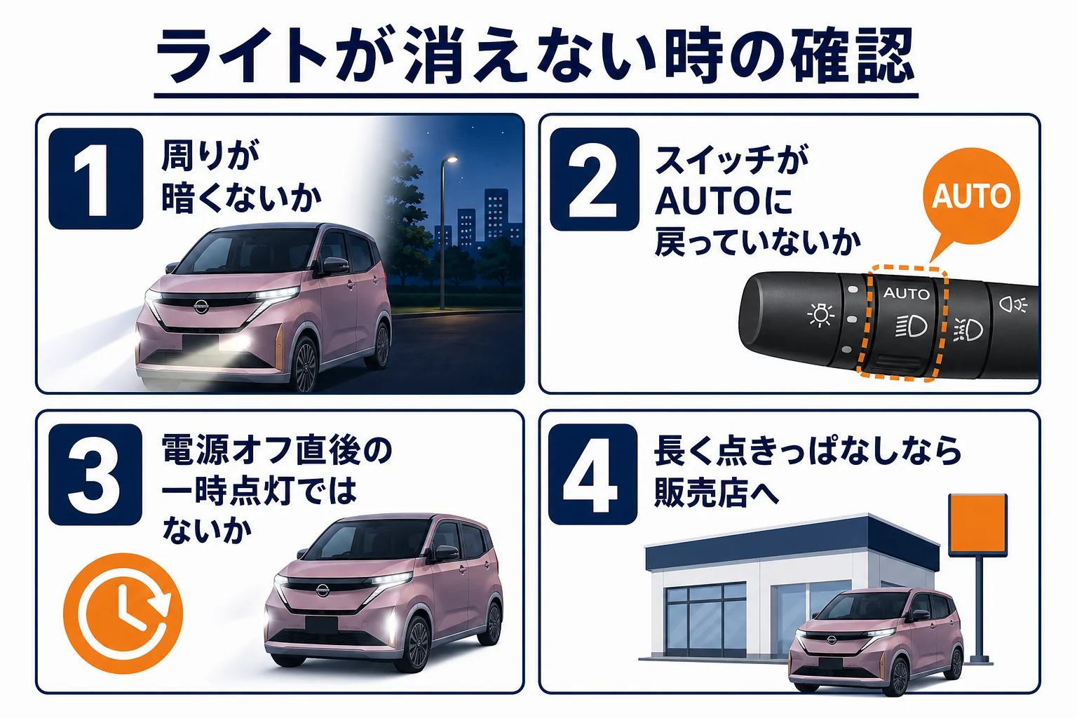サクラのライトが消えない時の確認ポイントを示した図解