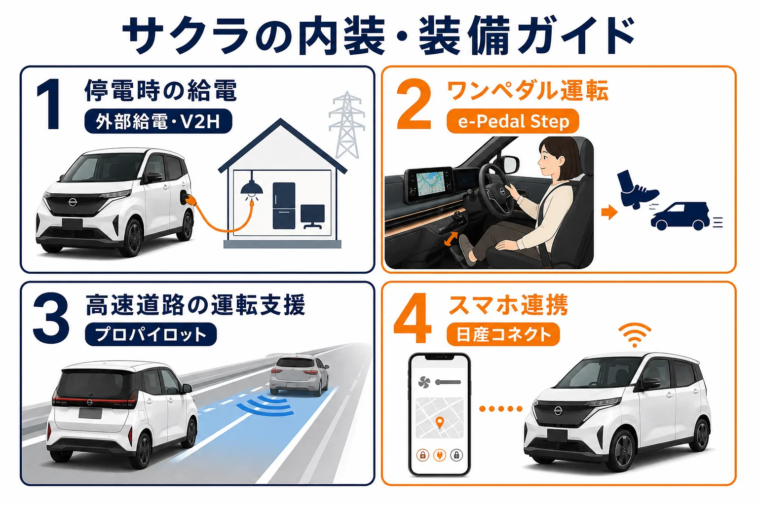 サクラの内装・装備の記事を目的別に案内した図解