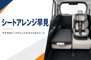 後席の片側を倒し、もう片側にチャイルドシートを付けた軽EVの車内