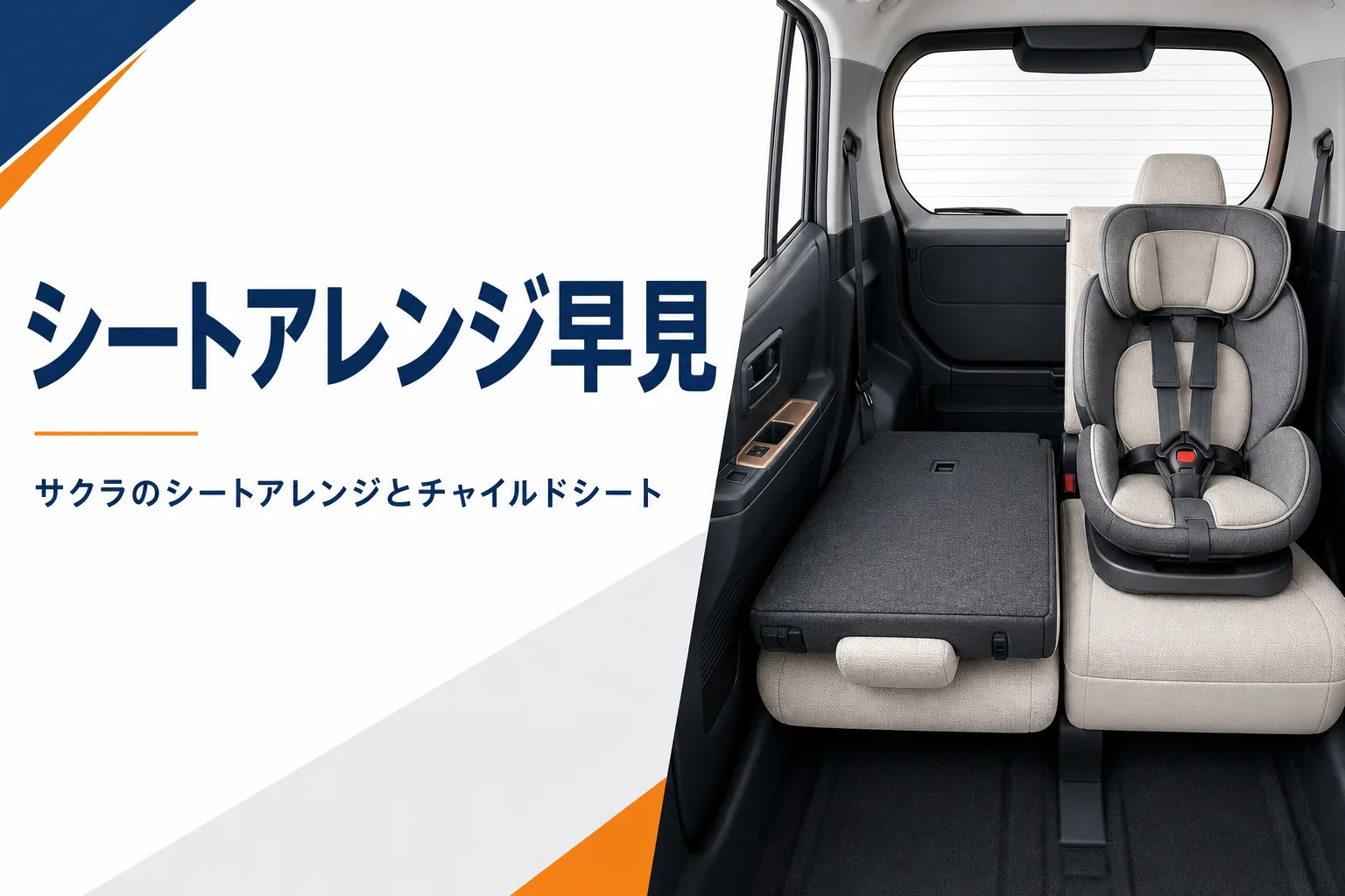後席の片側を倒し、もう片側にチャイルドシートを付けた軽EVの車内