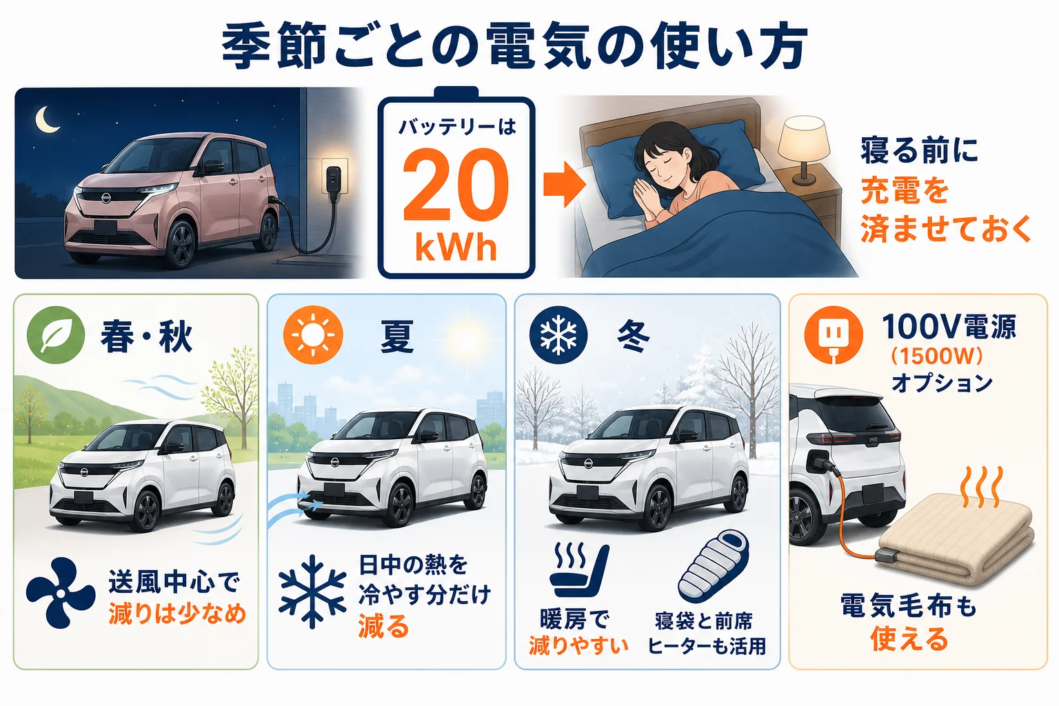 季節ごとの車中泊での電気の使い方の図解
