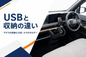 軽EVのインパネまわりのカップホルダーとスマホホルダー