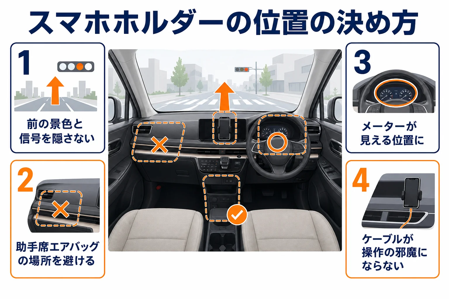 スマホホルダーの位置を決める時の確認点の図解