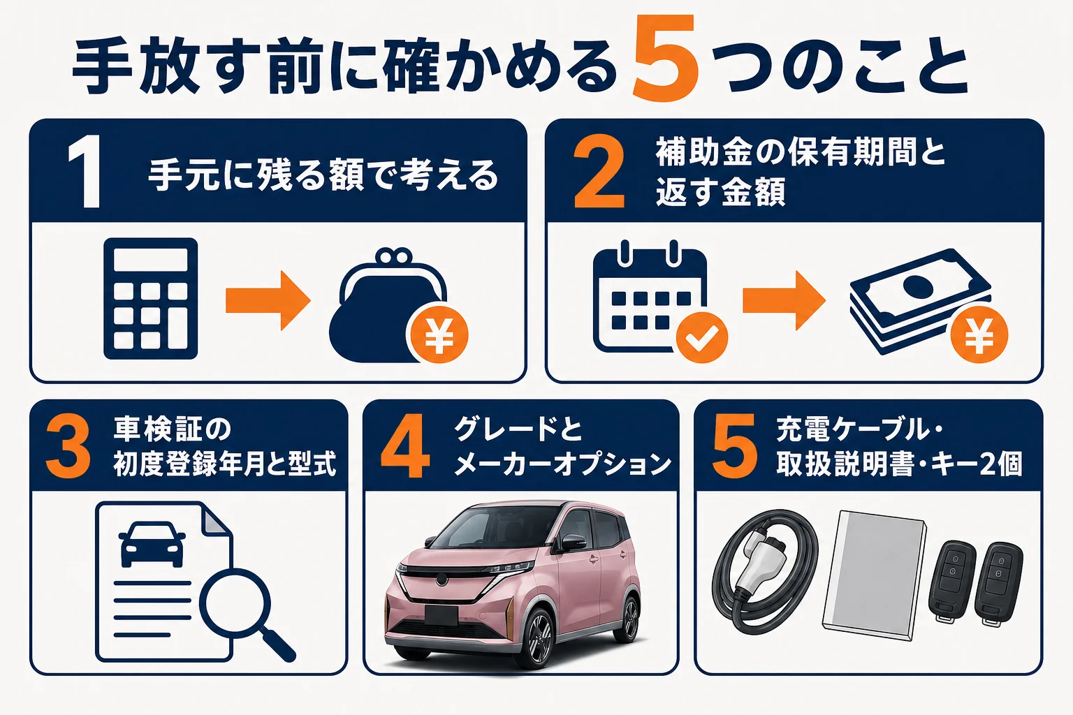 日産サクラを手放す前に確かめたい5つのことの図解