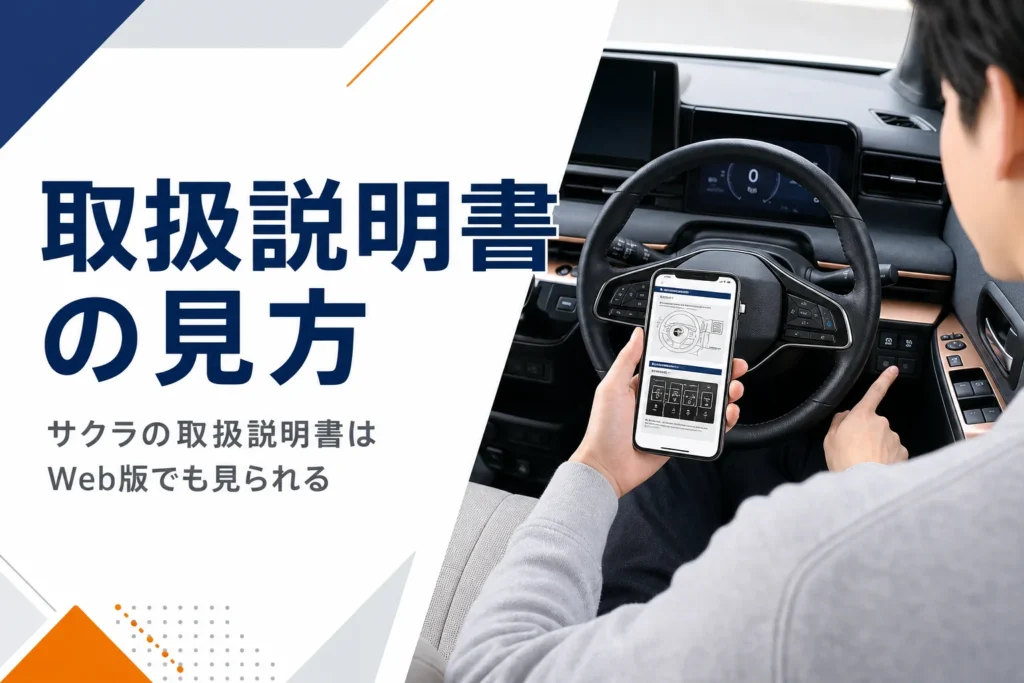 サクラの車内でスマホの取扱説明書を見ながら操作を確かめるイメージ