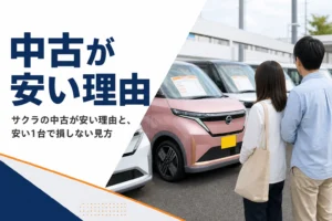 中古車店に並ぶ軽EVと値札を見比べる来店客