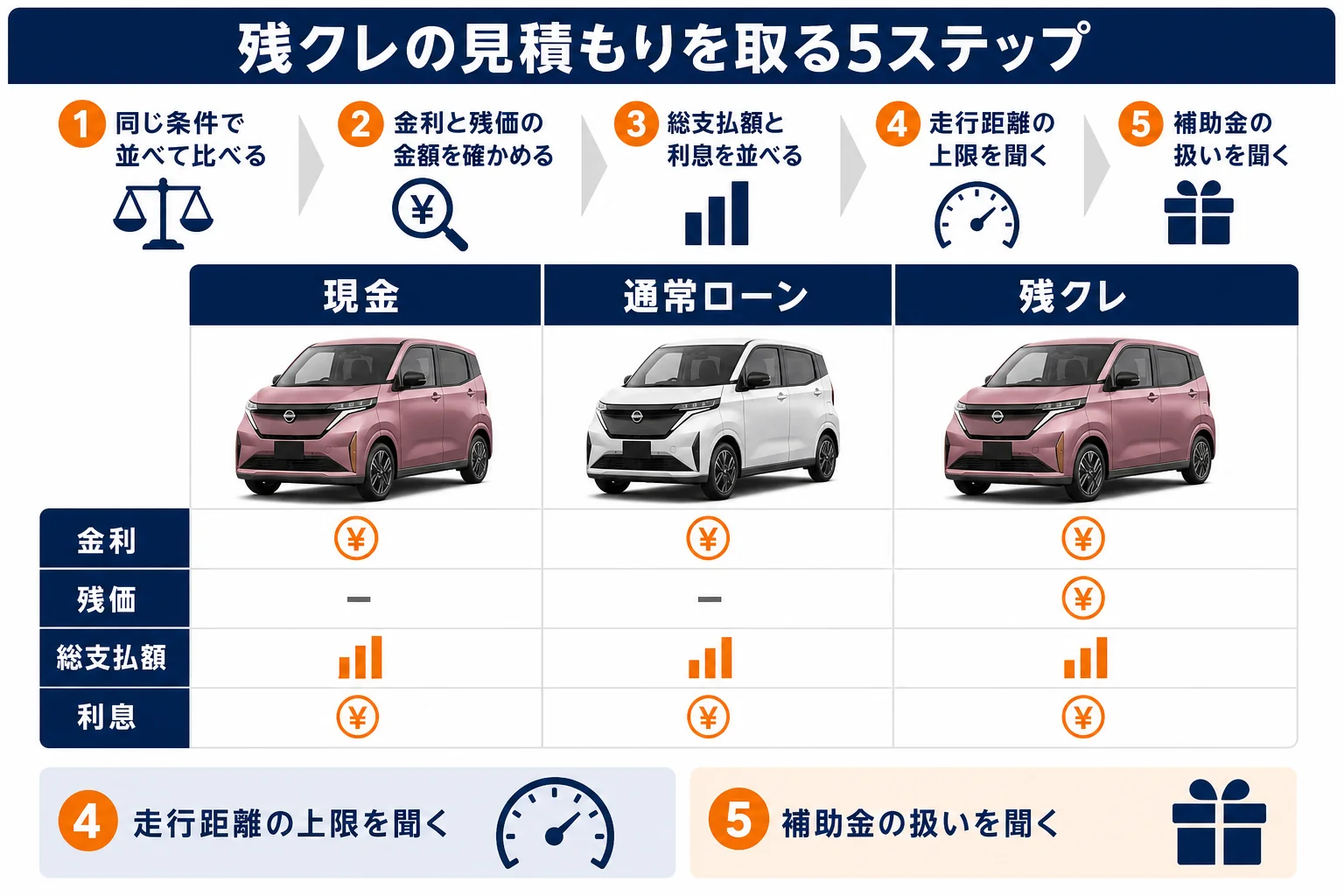 残クレで見積もりを取る5つの手順の図解